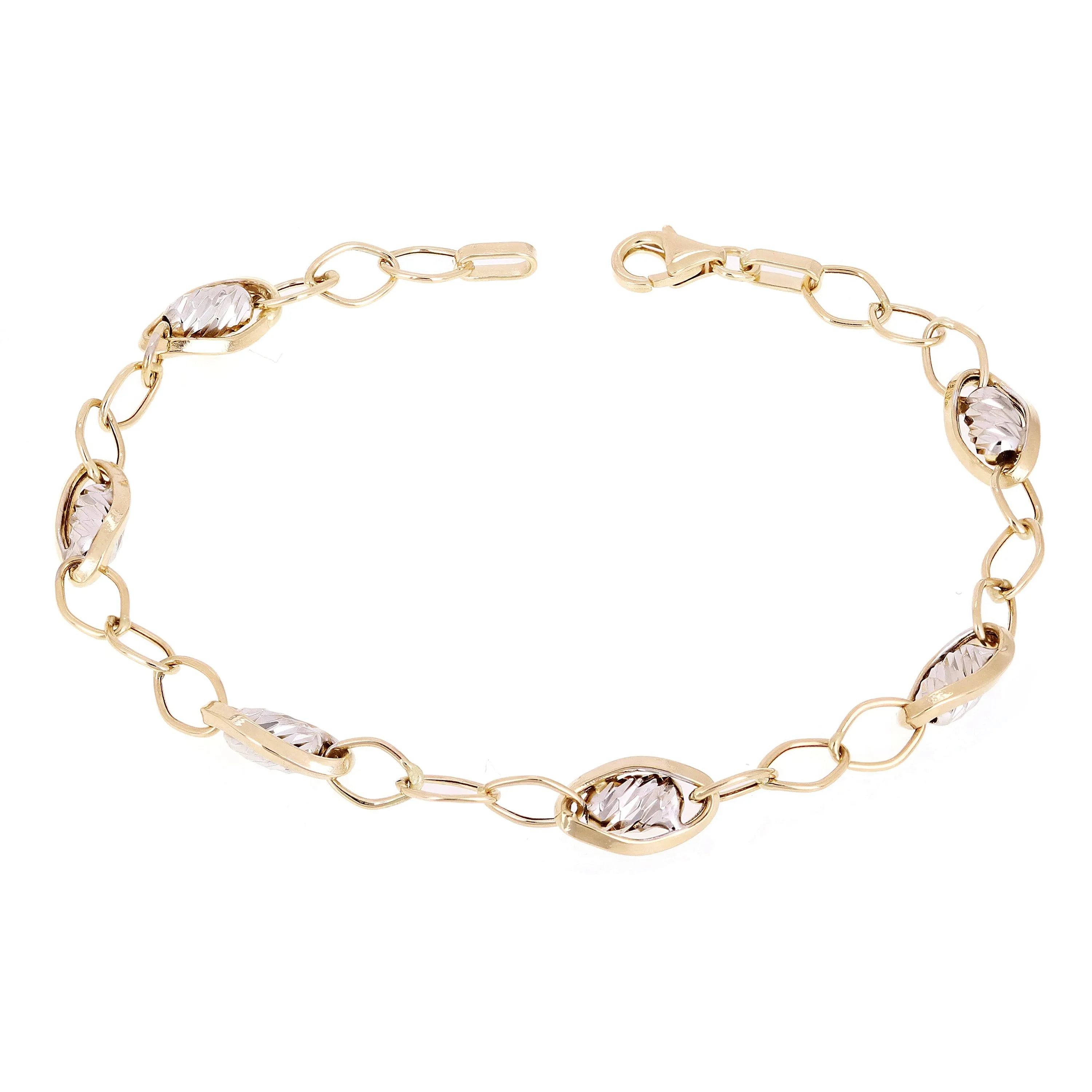 Italian 14k Two-Tone Gold Multiple Oval Links Fancy Bracelet 7.5" 3 grams