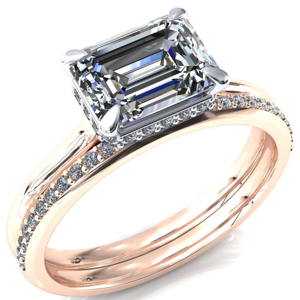 Janey Emerald Moissanite East-West 4 Prongs Claw Floating Halo Inverted Cathedral Ring