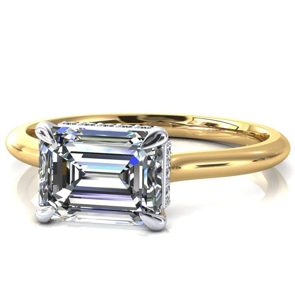 Janey Emerald Moissanite East-West 4 Prongs Claw Floating Halo Inverted Cathedral Ring