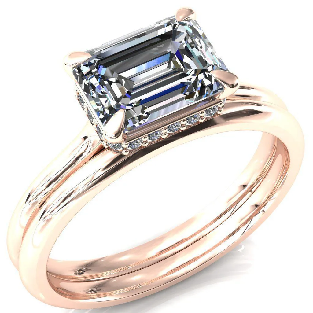 Janey Emerald Moissanite East-West 4 Prongs Claw Floating Halo Inverted Cathedral Ring