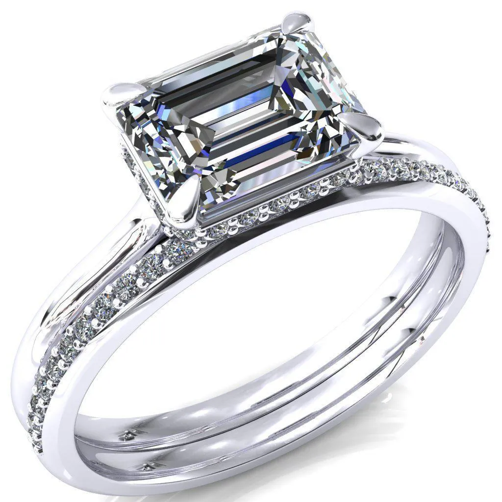 Janey Emerald Moissanite East-West 4 Prongs Claw Floating Halo Inverted Cathedral Ring