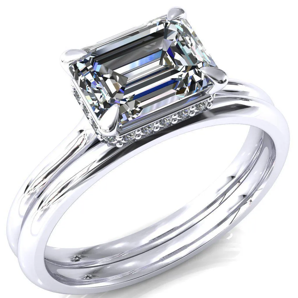 Janey Emerald Moissanite East-West 4 Prongs Claw Floating Halo Inverted Cathedral Ring