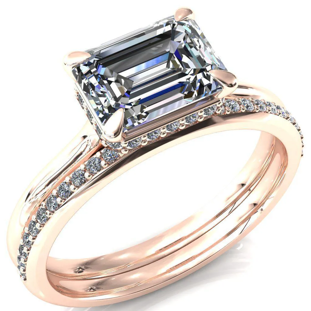 Janey Emerald Moissanite East-West 4 Prongs Claw Floating Halo Inverted Cathedral Ring