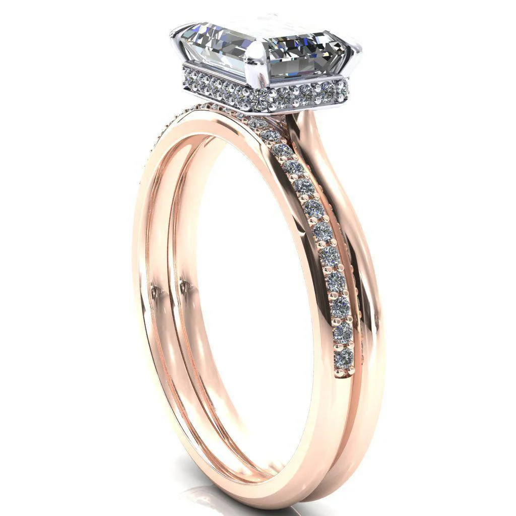 Janey Emerald Moissanite East-West 4 Prongs Claw Floating Halo Inverted Cathedral Ring