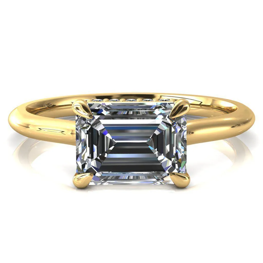 Janey Emerald Moissanite East-West 4 Prongs Claw Floating Halo Inverted Cathedral Ring