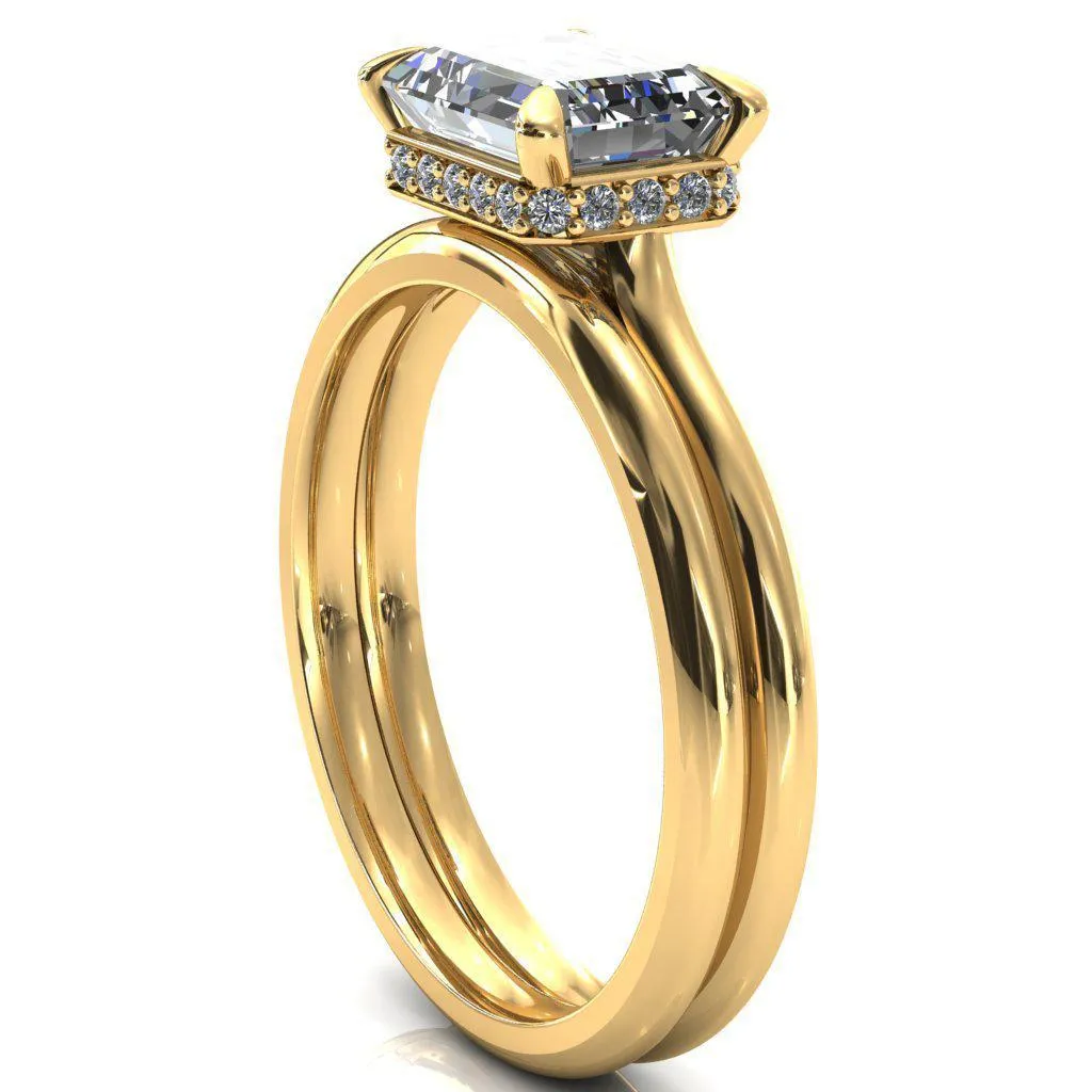 Janey Emerald Moissanite East-West 4 Prongs Claw Floating Halo Inverted Cathedral Ring
