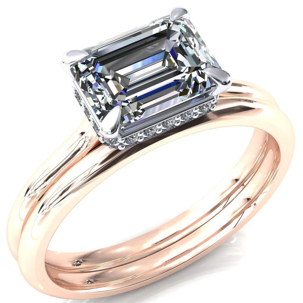 Janey Emerald Moissanite East-West 4 Prongs Claw Floating Halo Inverted Cathedral Ring