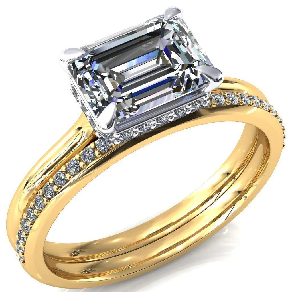 Janey Emerald Moissanite East-West 4 Prongs Claw Floating Halo Inverted Cathedral Ring