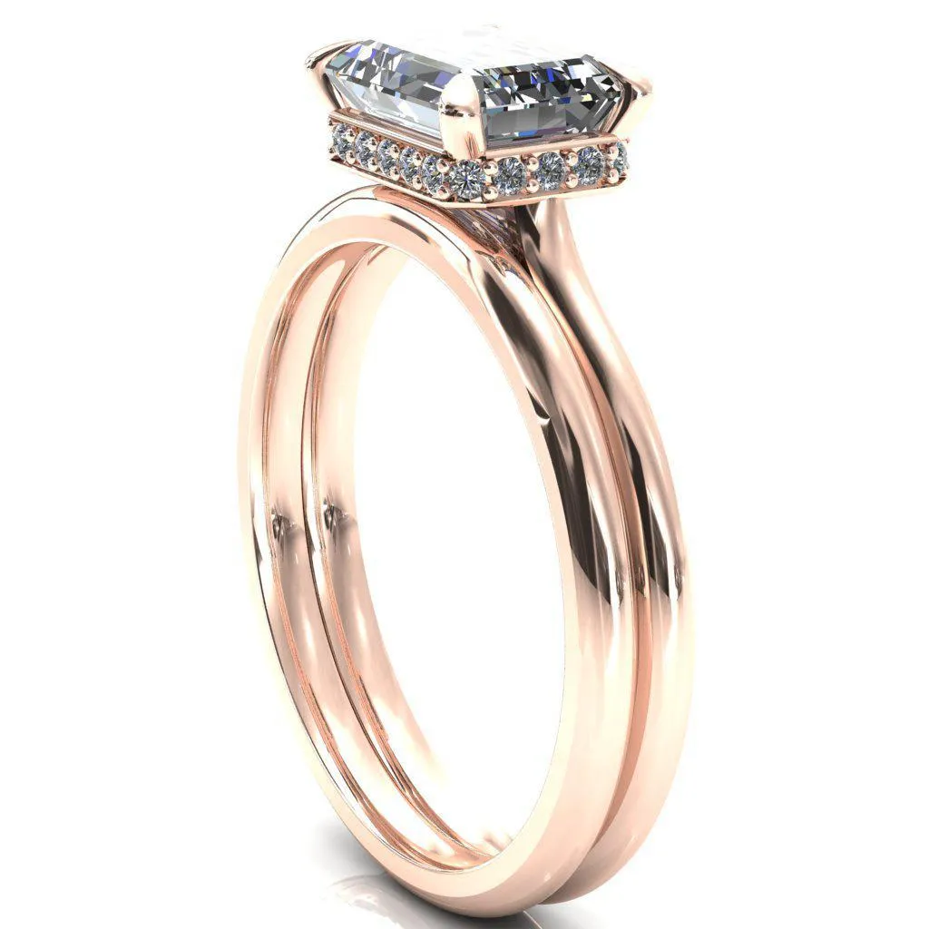 Janey Emerald Moissanite East-West 4 Prongs Claw Floating Halo Inverted Cathedral Ring