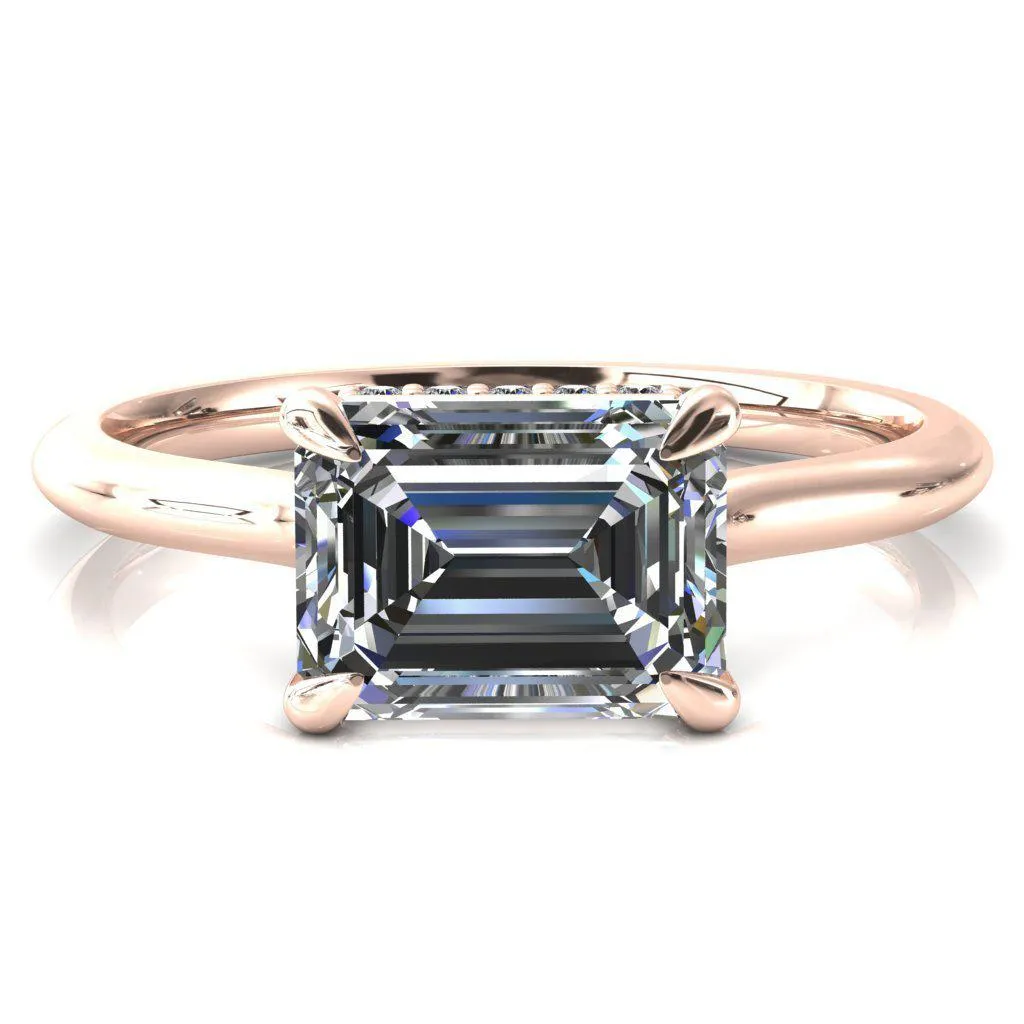 Janey Emerald Moissanite East-West 4 Prongs Claw Floating Halo Inverted Cathedral Ring