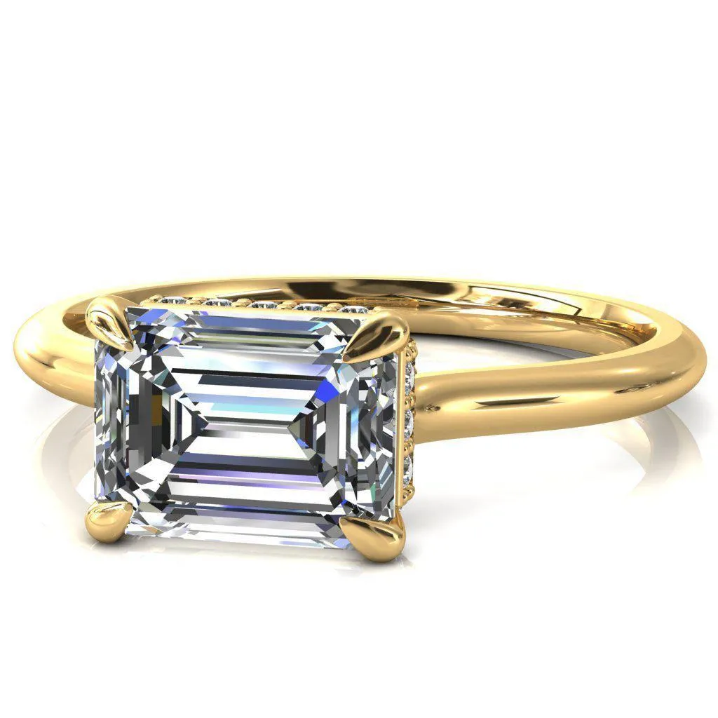 Janey Emerald Moissanite East-West 4 Prongs Claw Floating Halo Inverted Cathedral Ring