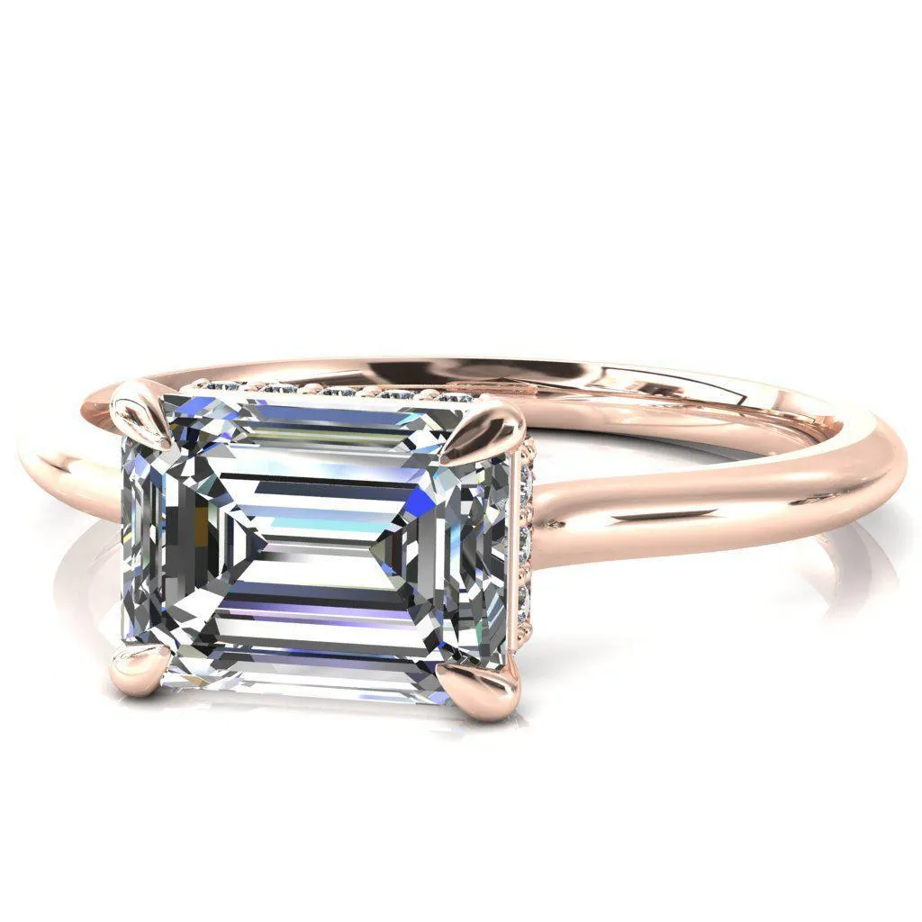 Janey Emerald Moissanite East-West 4 Prongs Claw Floating Halo Inverted Cathedral Ring