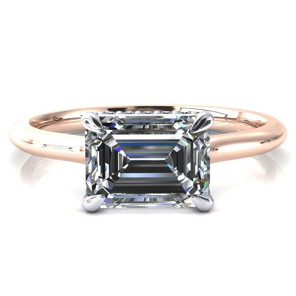 Janey Emerald Moissanite East-West 4 Prongs Claw Floating Halo Inverted Cathedral Ring