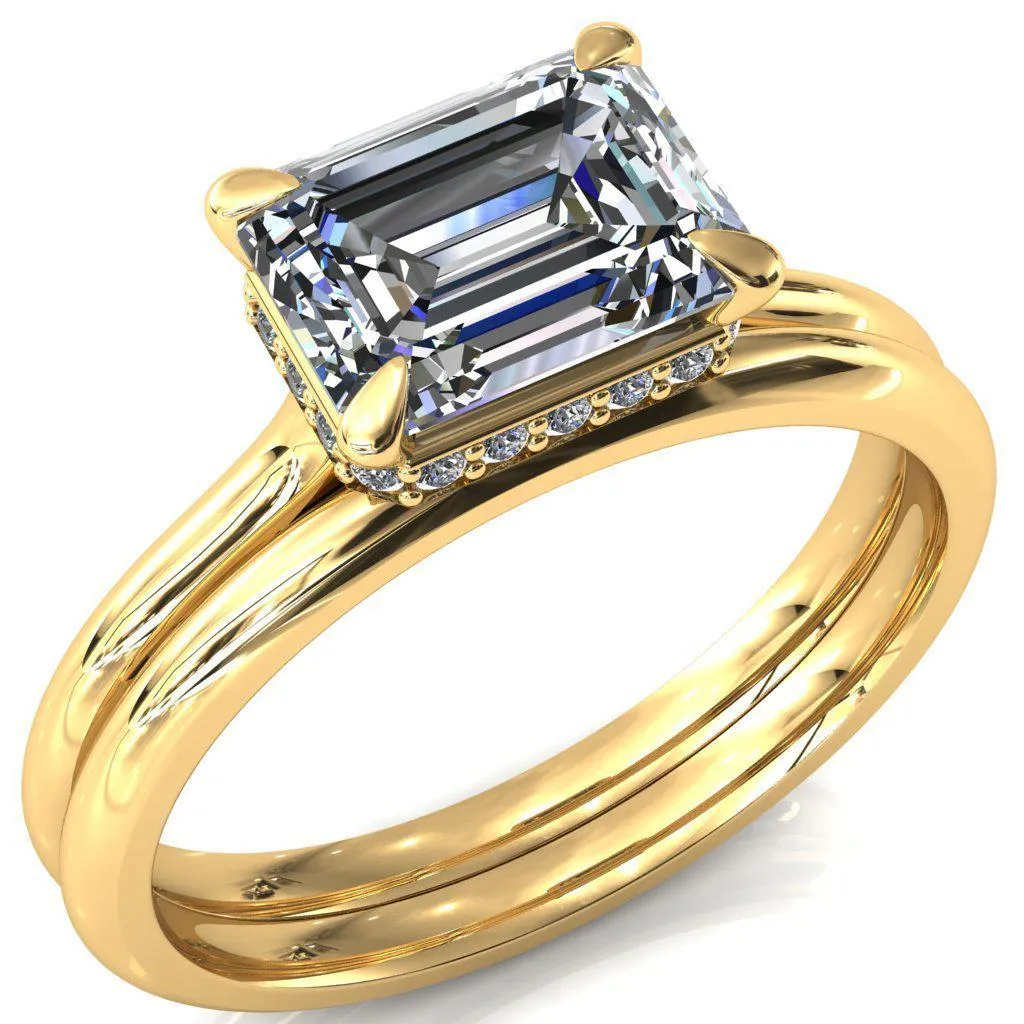 Janey Emerald Moissanite East-West 4 Prongs Claw Floating Halo Inverted Cathedral Ring
