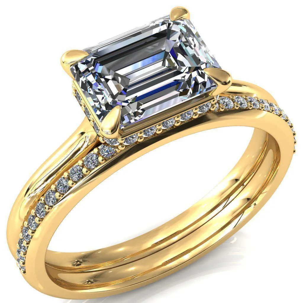 Janey Emerald Moissanite East-West 4 Prongs Claw Floating Halo Inverted Cathedral Ring