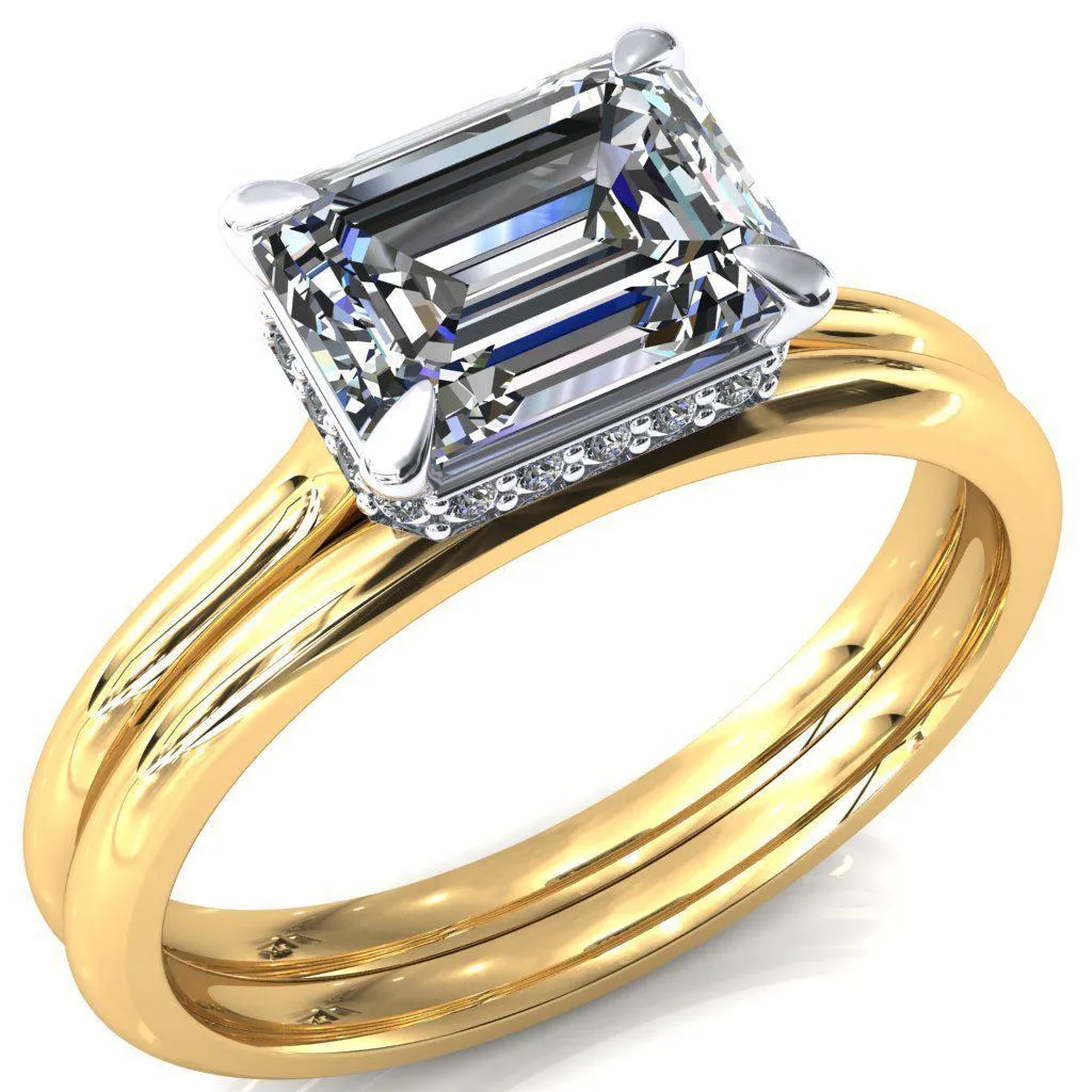 Janey Emerald Moissanite East-West 4 Prongs Claw Floating Halo Inverted Cathedral Ring