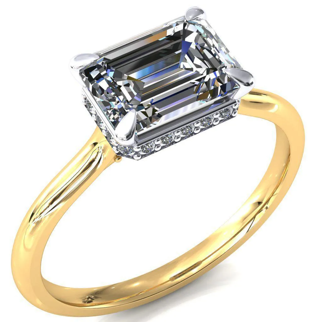 Janey Emerald Moissanite East-West 4 Prongs Claw Floating Halo Inverted Cathedral Ring