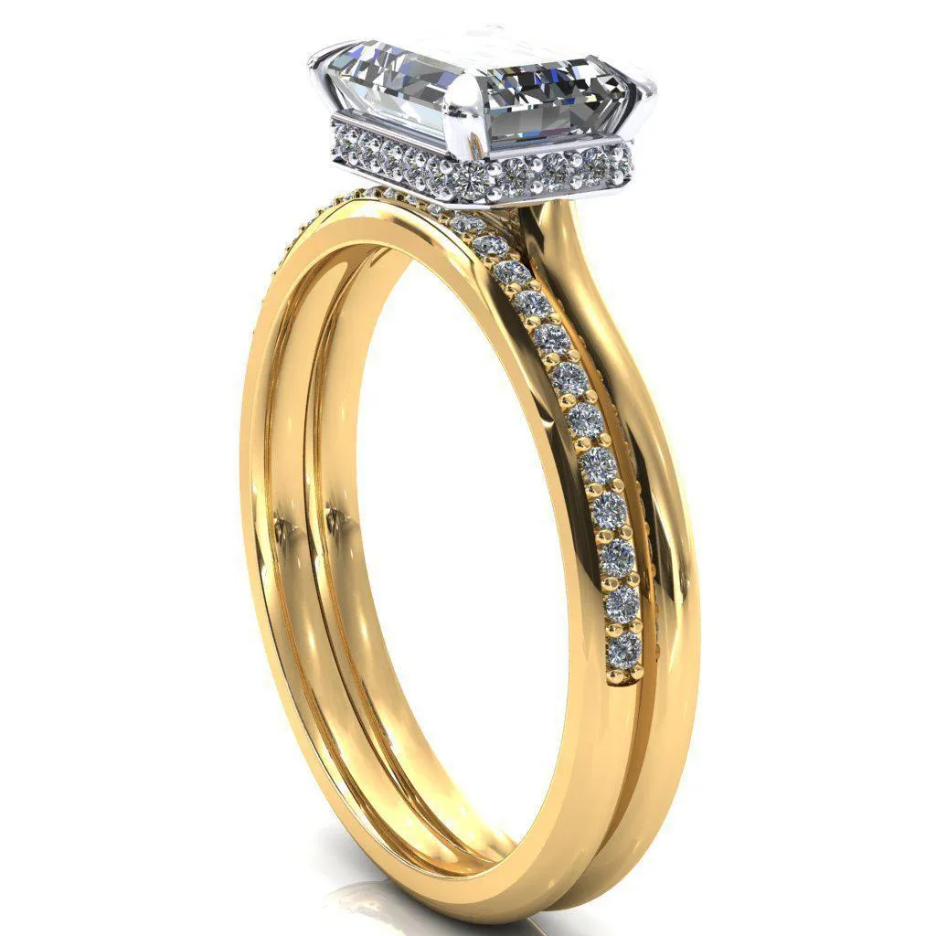 Janey Emerald Moissanite East-West 4 Prongs Claw Floating Halo Inverted Cathedral Ring