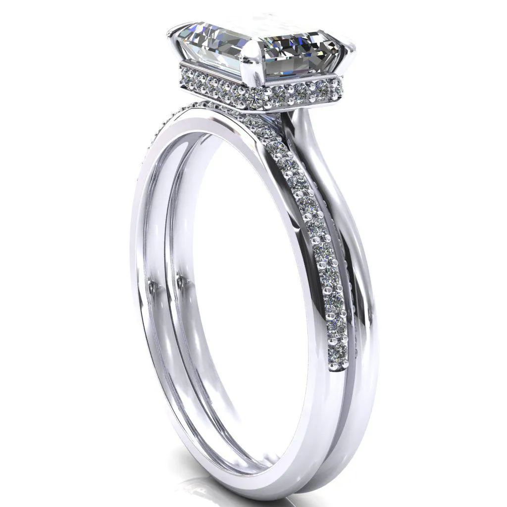 Janey Emerald Moissanite East-West 4 Prongs Claw Floating Halo Inverted Cathedral Ring