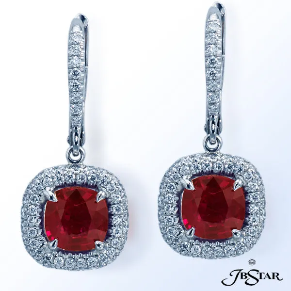 JB STAR RUBY AND DIAMOND EARRINGS HANDCRAFTED WITH MAGNIFICENT 2.27 CTW CUSHION-SHAPED RUBY ENCIRCLE