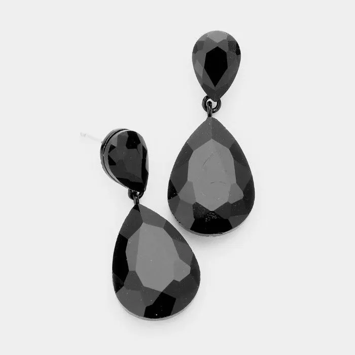 Jet Black Crystal Double Teardrop Earrings