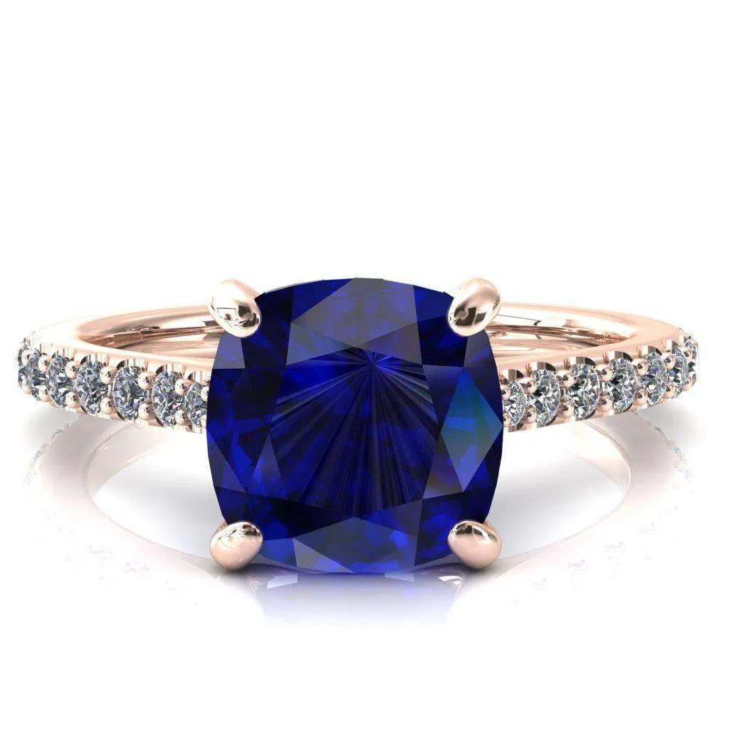 Kelsy Cushion Blue Sapphire 4 Prong 3/4 Shared Scalloped Inverted Cathedral Ring