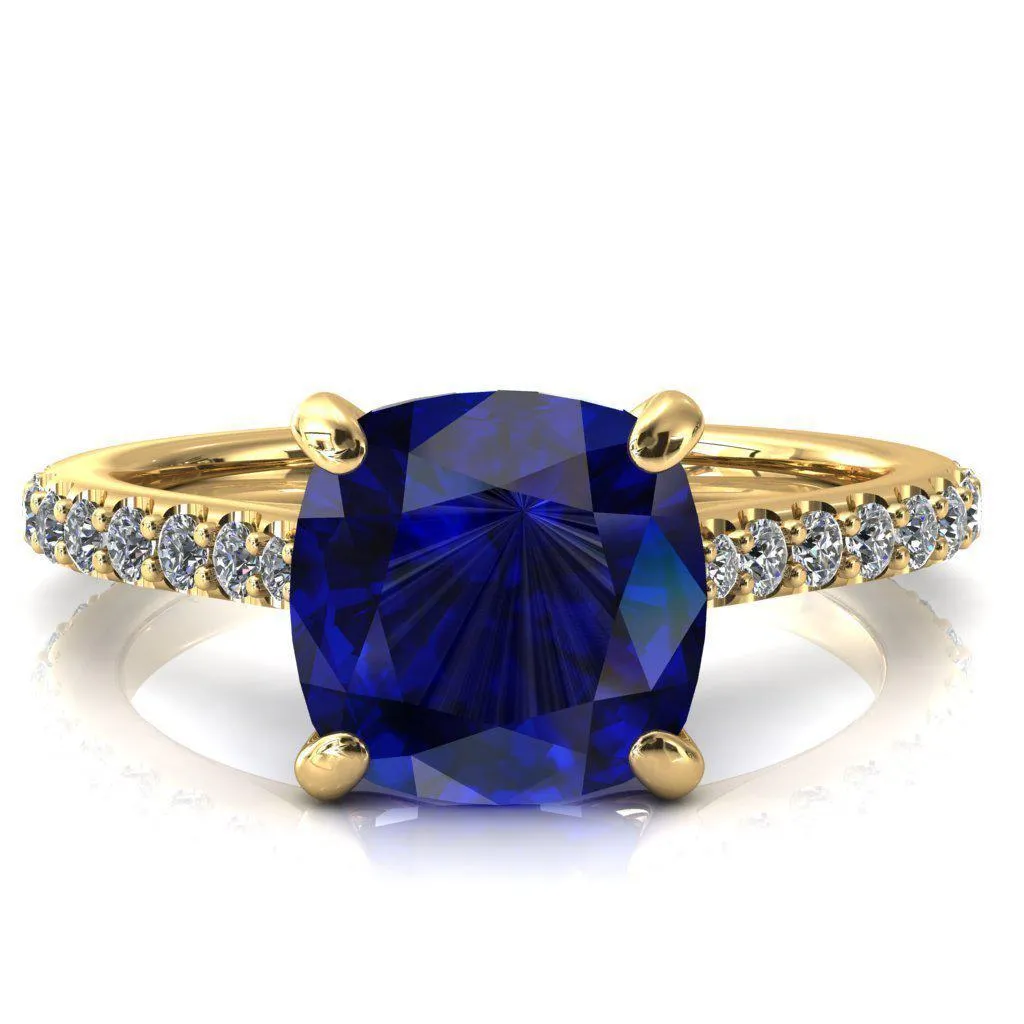 Kelsy Cushion Blue Sapphire 4 Prong 3/4 Shared Scalloped Inverted Cathedral Ring