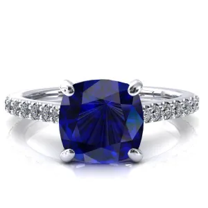 Kelsy Cushion Blue Sapphire 4 Prong 3/4 Shared Scalloped Inverted Cathedral Ring