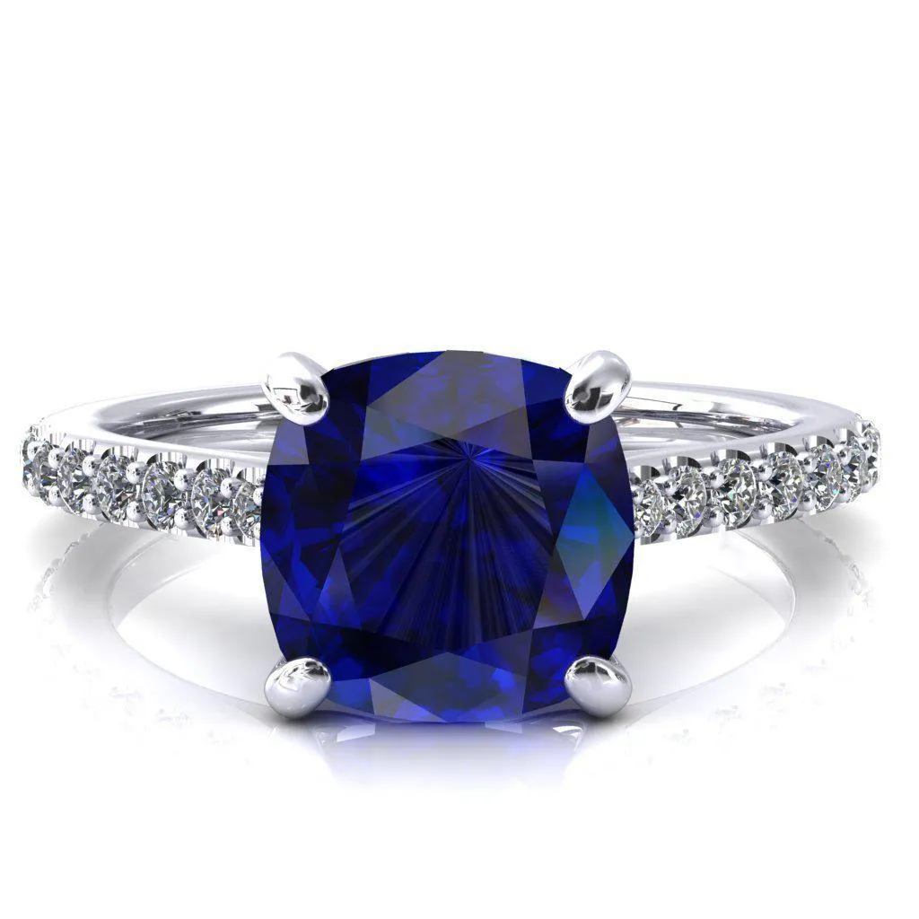 Kelsy Cushion Blue Sapphire 4 Prong 3/4 Shared Scalloped Inverted Cathedral Ring