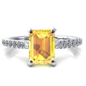 Kelsy Emerald Yellow Sapphire 4 Prong 3/4 Shared Scalloped Inverted Cathedral Ring