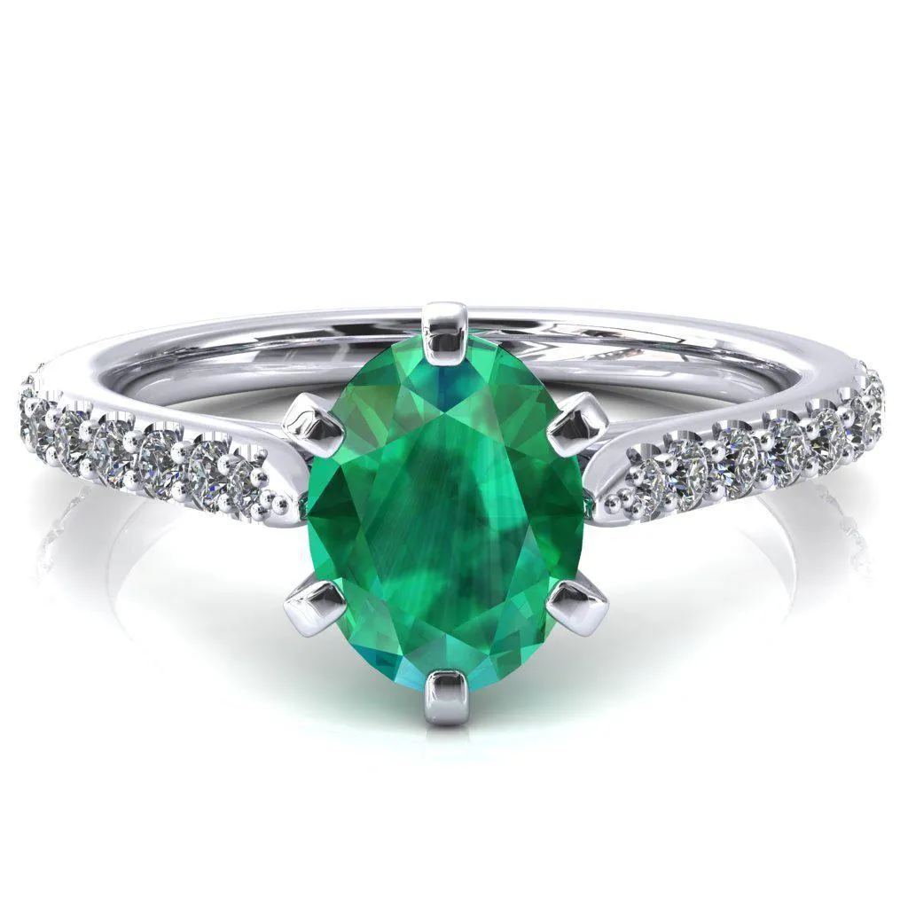 Kelsy Oval Emerald 6 Prong 3/4 Shared Scalloped Inverted Cathedral Ring