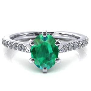 Kelsy Oval Emerald 6 Prong 3/4 Shared Scalloped Inverted Cathedral Ring