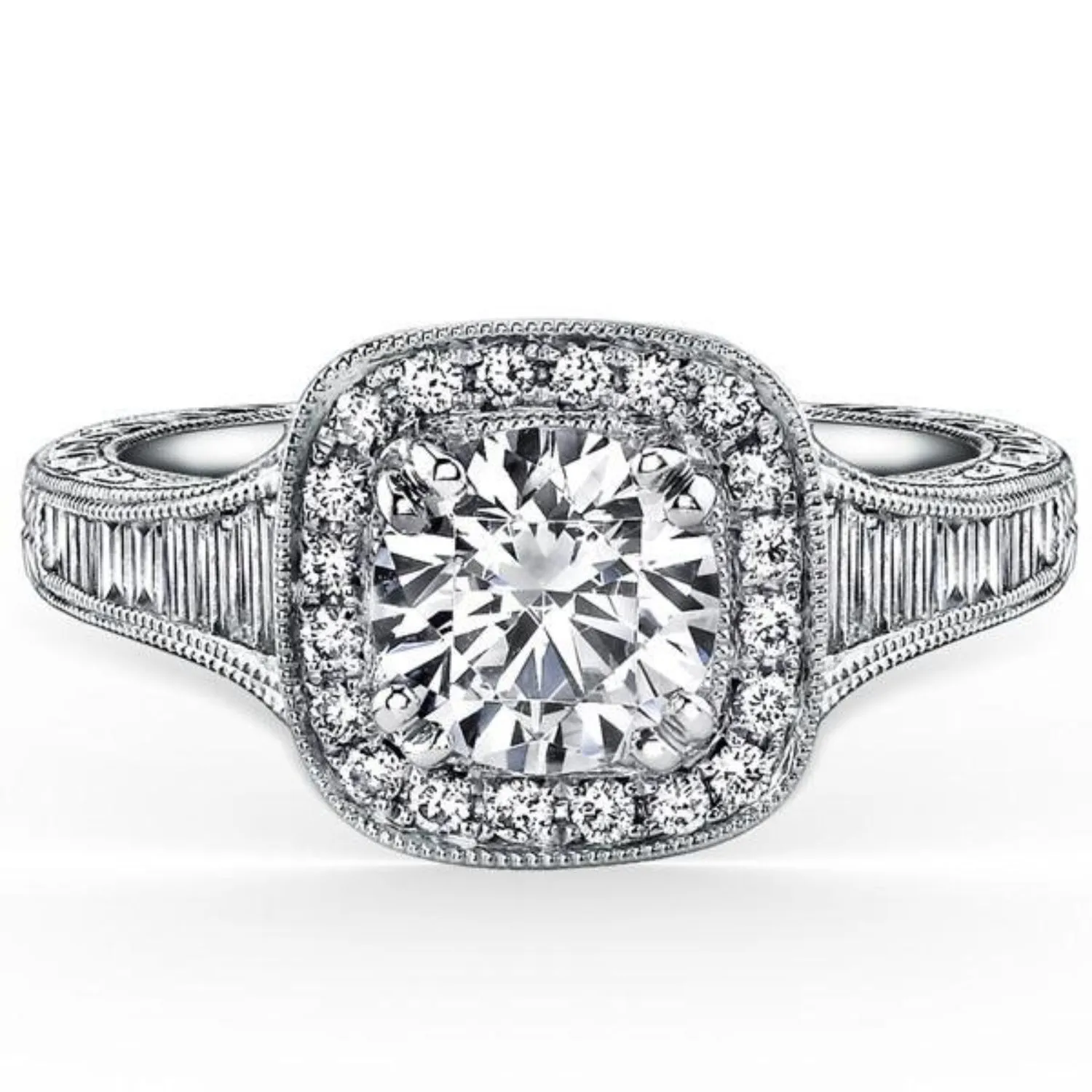 Kirk Kara "Carmella" Cushion Halo Baguette Diamond Engagement Ring