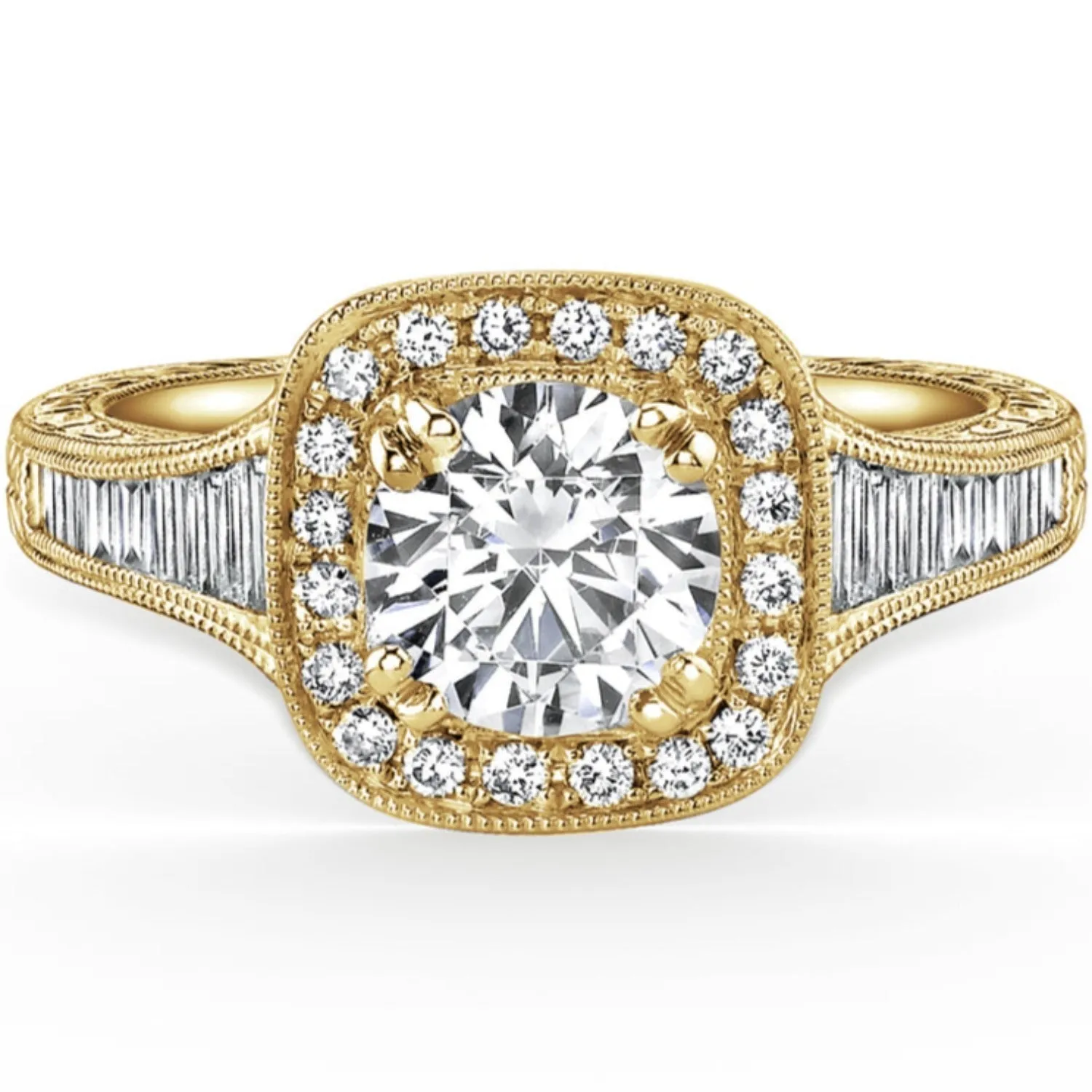Kirk Kara "Carmella" Cushion Halo Baguette Diamond Engagement Ring