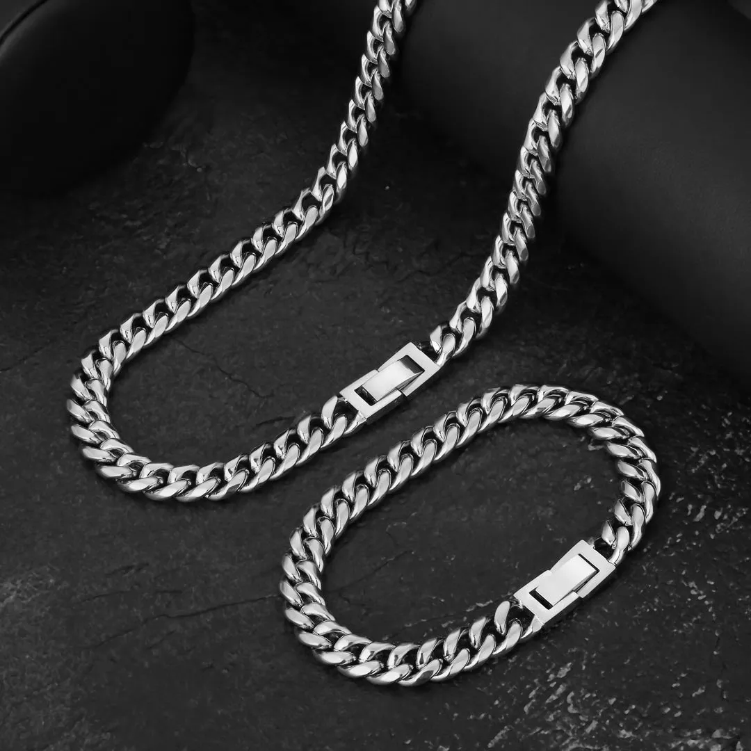 KRKC 8mm Mens Miami Cuban Link Chain and Bracelet Set in White Gold