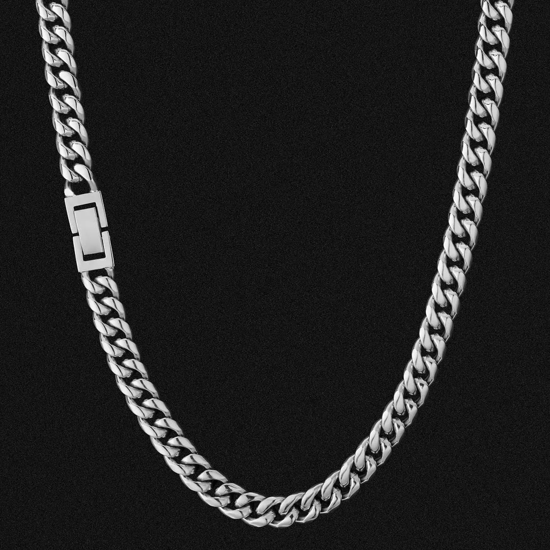 KRKC 8mm Mens Miami Cuban Link Chain and Bracelet Set in White Gold
