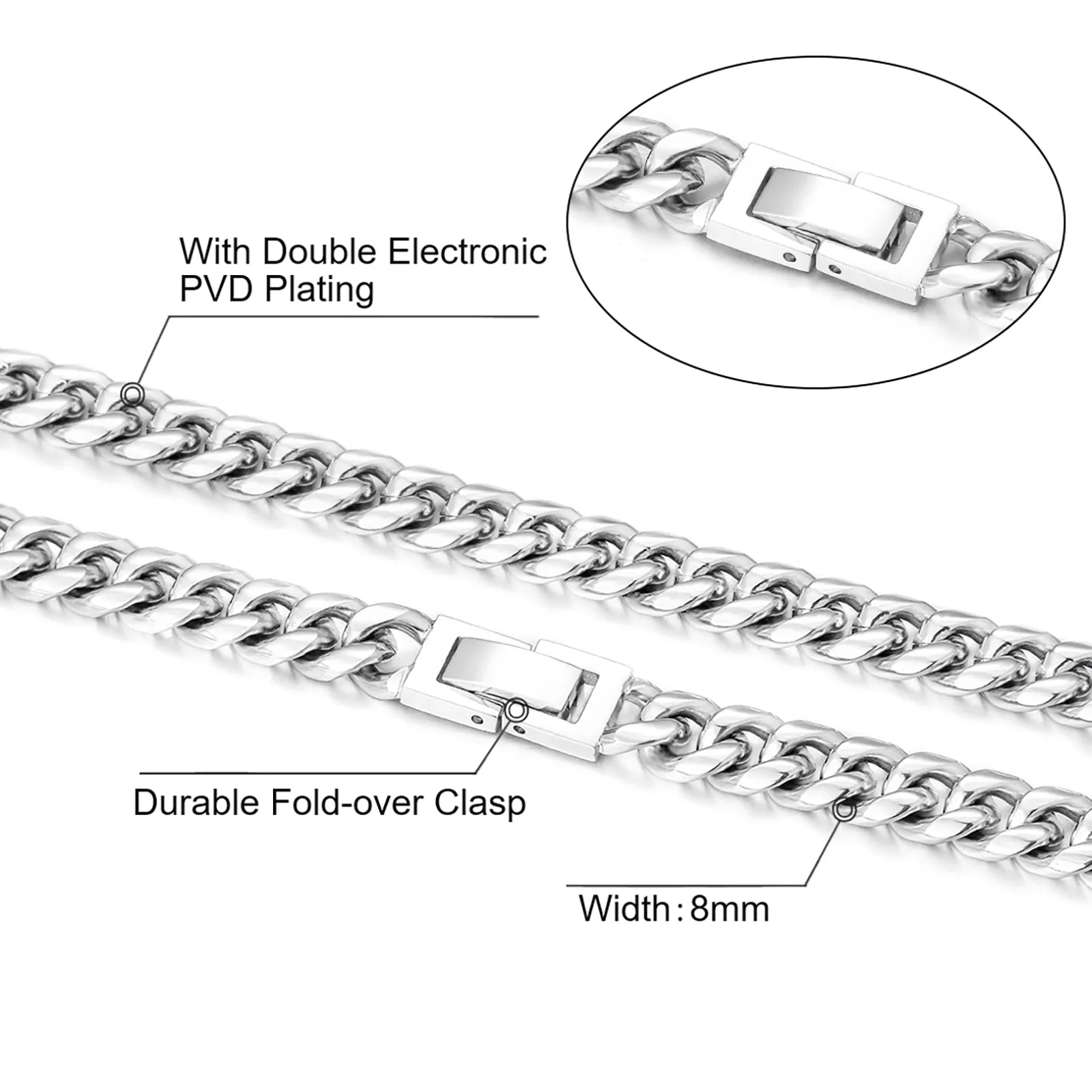 KRKC 8mm Mens Miami Cuban Link Chain and Bracelet Set in White Gold