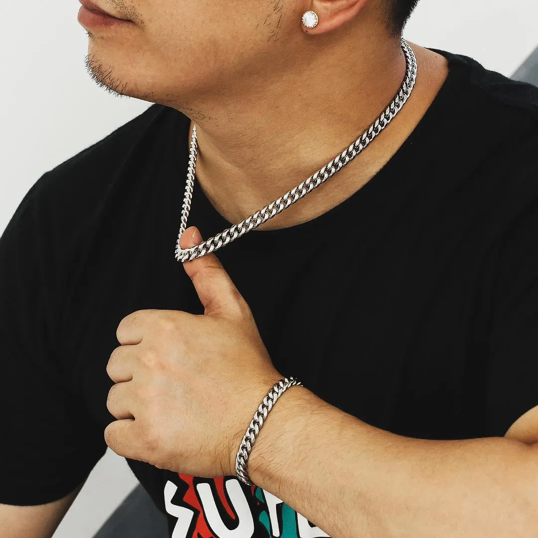 KRKC 8mm Mens Miami Cuban Link Chain and Bracelet Set in White Gold