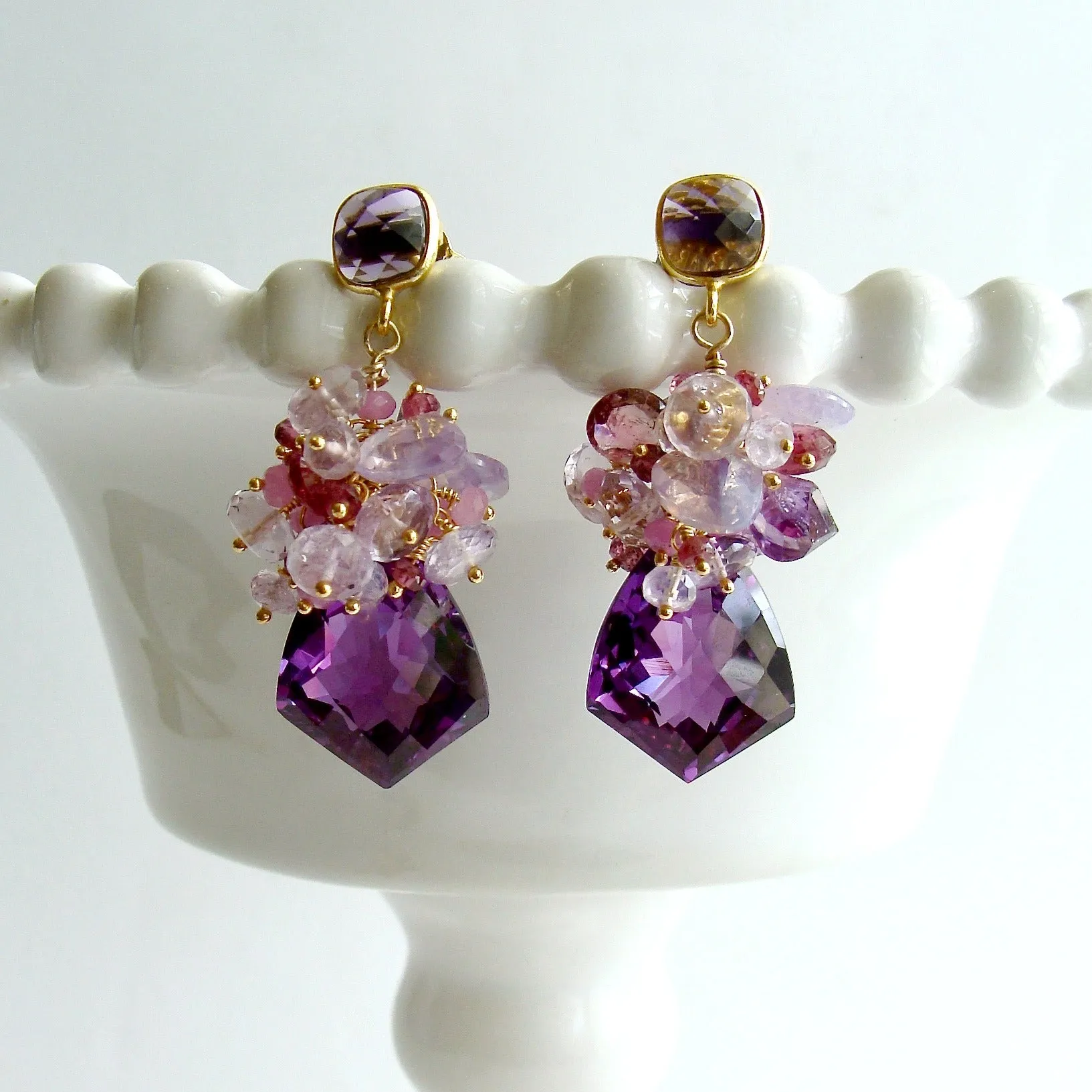 Lab Created Alexandrite Cluster Earrings - Pink Tourmaline Pink Amethyst Moss Ruby Scorolite Orchid Chalcedony - Pansy II Earrings