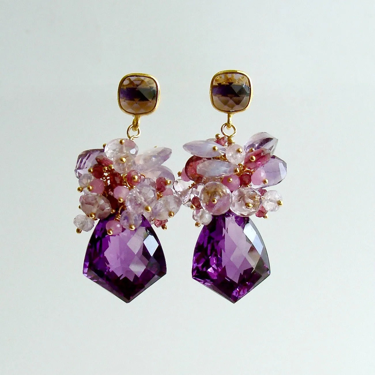 Lab Created Alexandrite Cluster Earrings - Pink Tourmaline Pink Amethyst Moss Ruby Scorolite Orchid Chalcedony - Pansy II Earrings