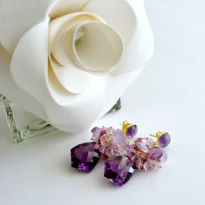 Lab Created Alexandrite Cluster Earrings - Pink Tourmaline Pink Amethyst Moss Ruby Scorolite Orchid Chalcedony - Pansy II Earrings