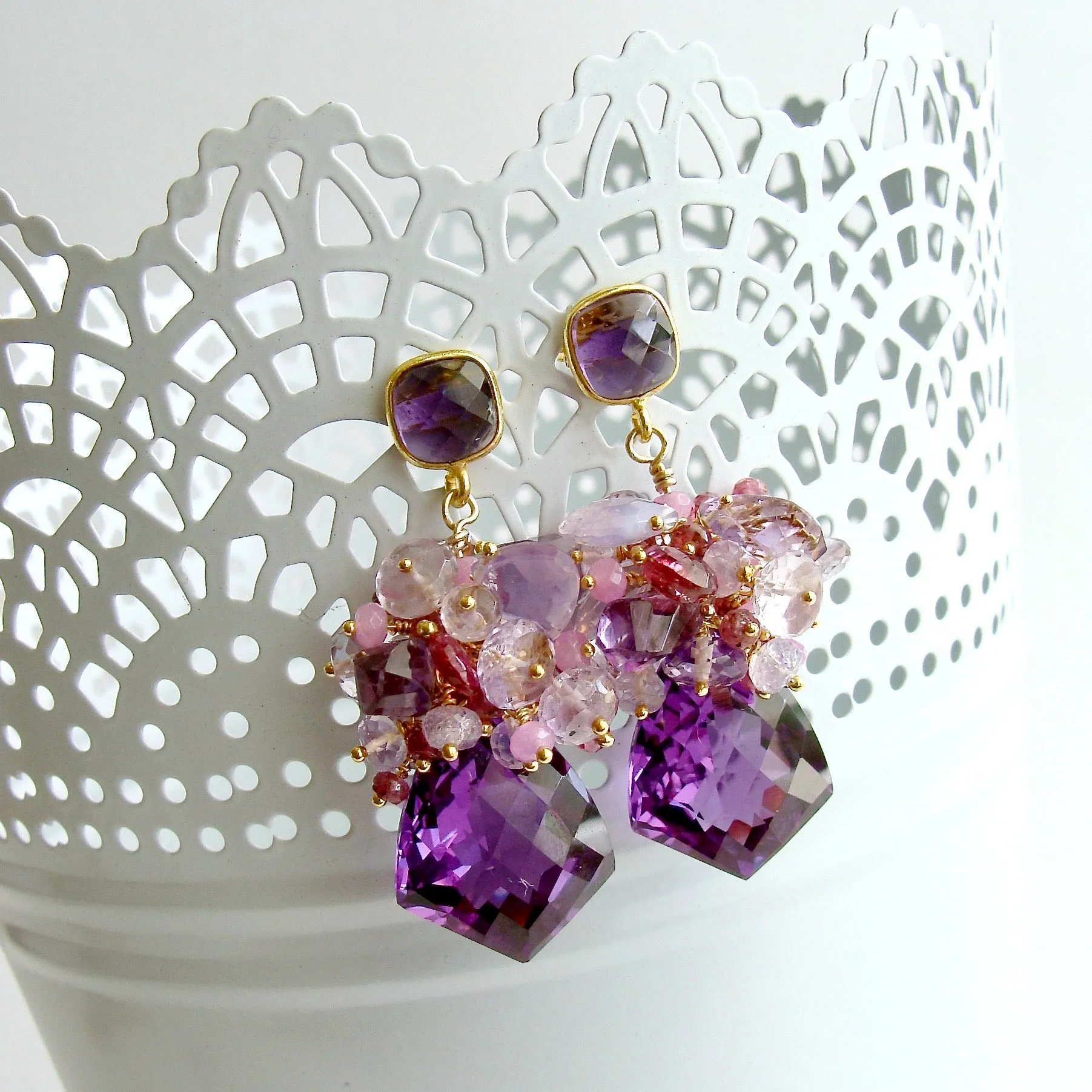 Lab Created Alexandrite Cluster Earrings - Pink Tourmaline Pink Amethyst Moss Ruby Scorolite Orchid Chalcedony - Pansy II Earrings
