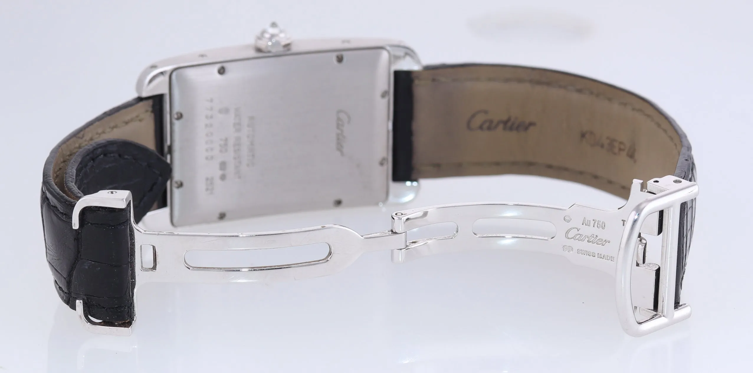 Ladies Cartier Tank Americaine XL 18k White Gold Diamond Leather Watch 2521 Box