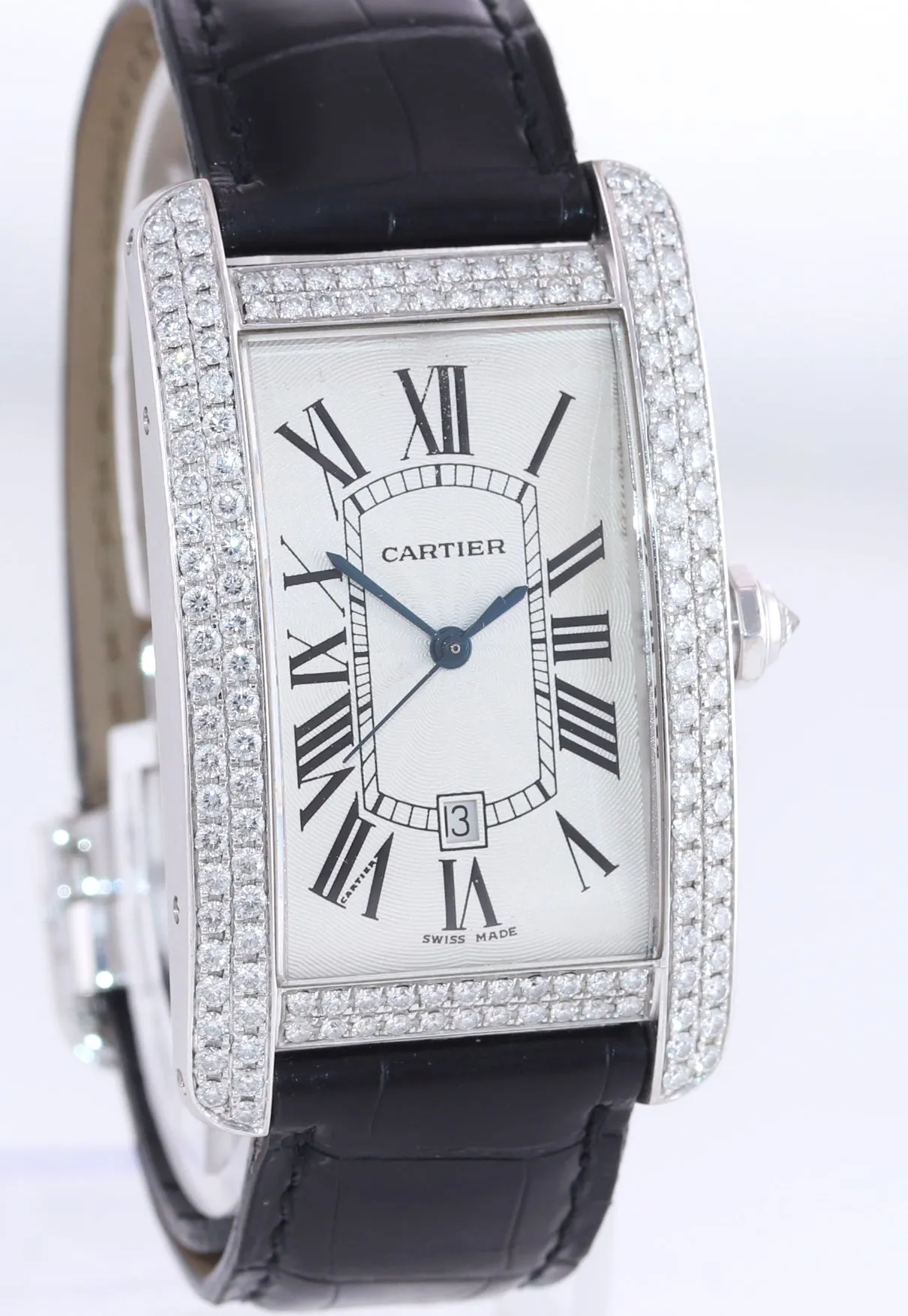 Ladies Cartier Tank Americaine XL 18k White Gold Diamond Leather Watch 2521 Box