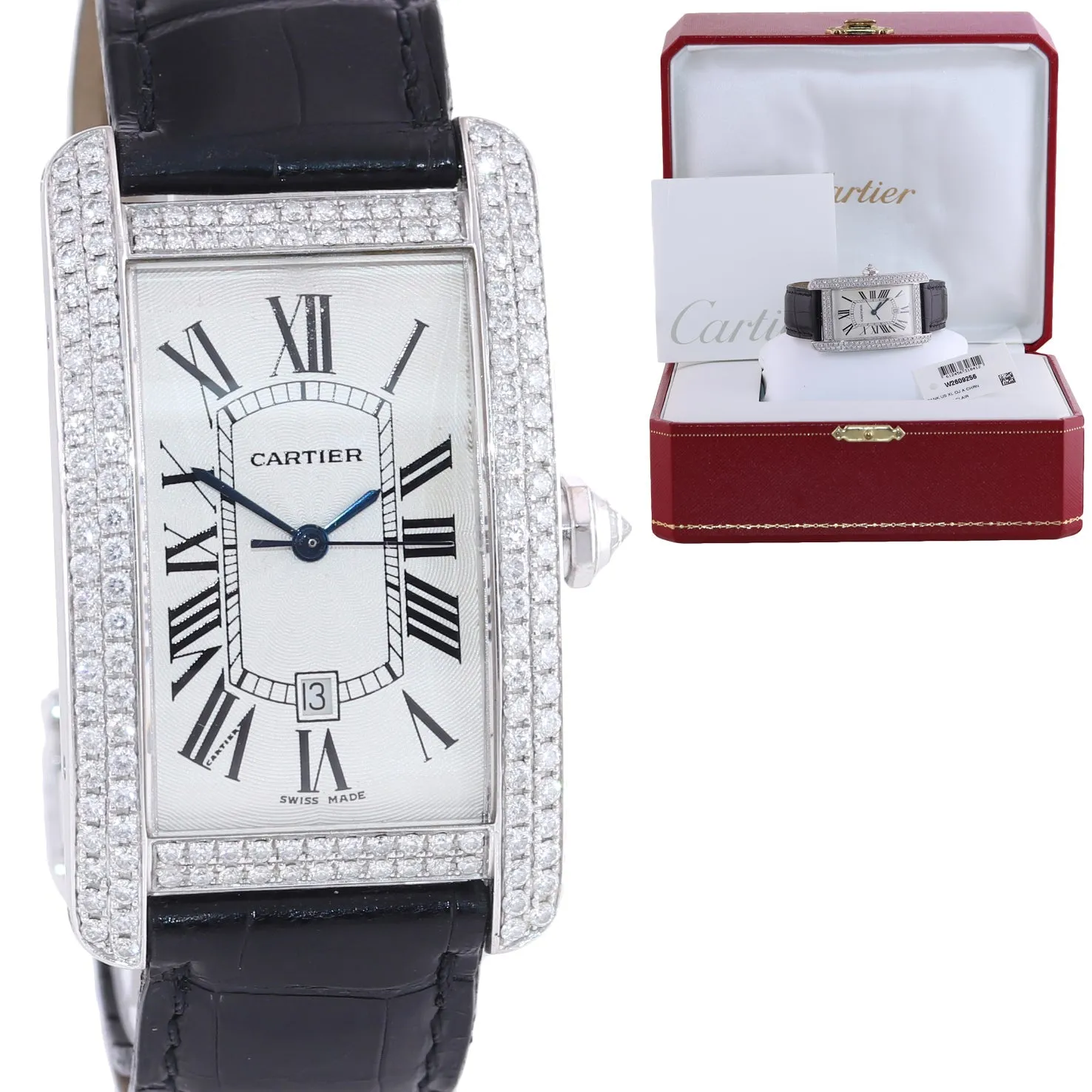 Ladies Cartier Tank Americaine XL 18k White Gold Diamond Leather Watch 2521 Box