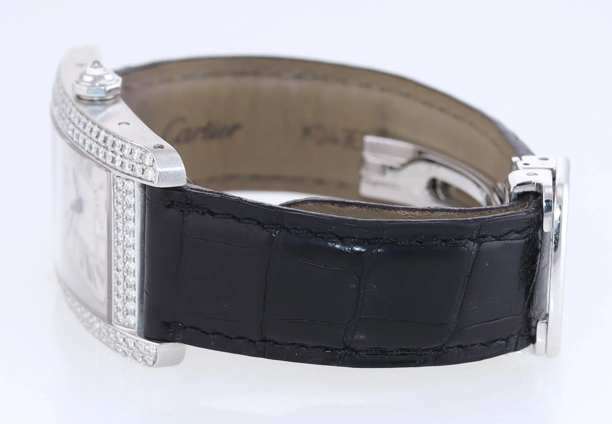 Ladies Cartier Tank Americaine XL 18k White Gold Diamond Leather Watch 2521 Box
