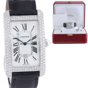 Ladies Cartier Tank Americaine XL 18k White Gold Diamond Leather Watch 2521 Box