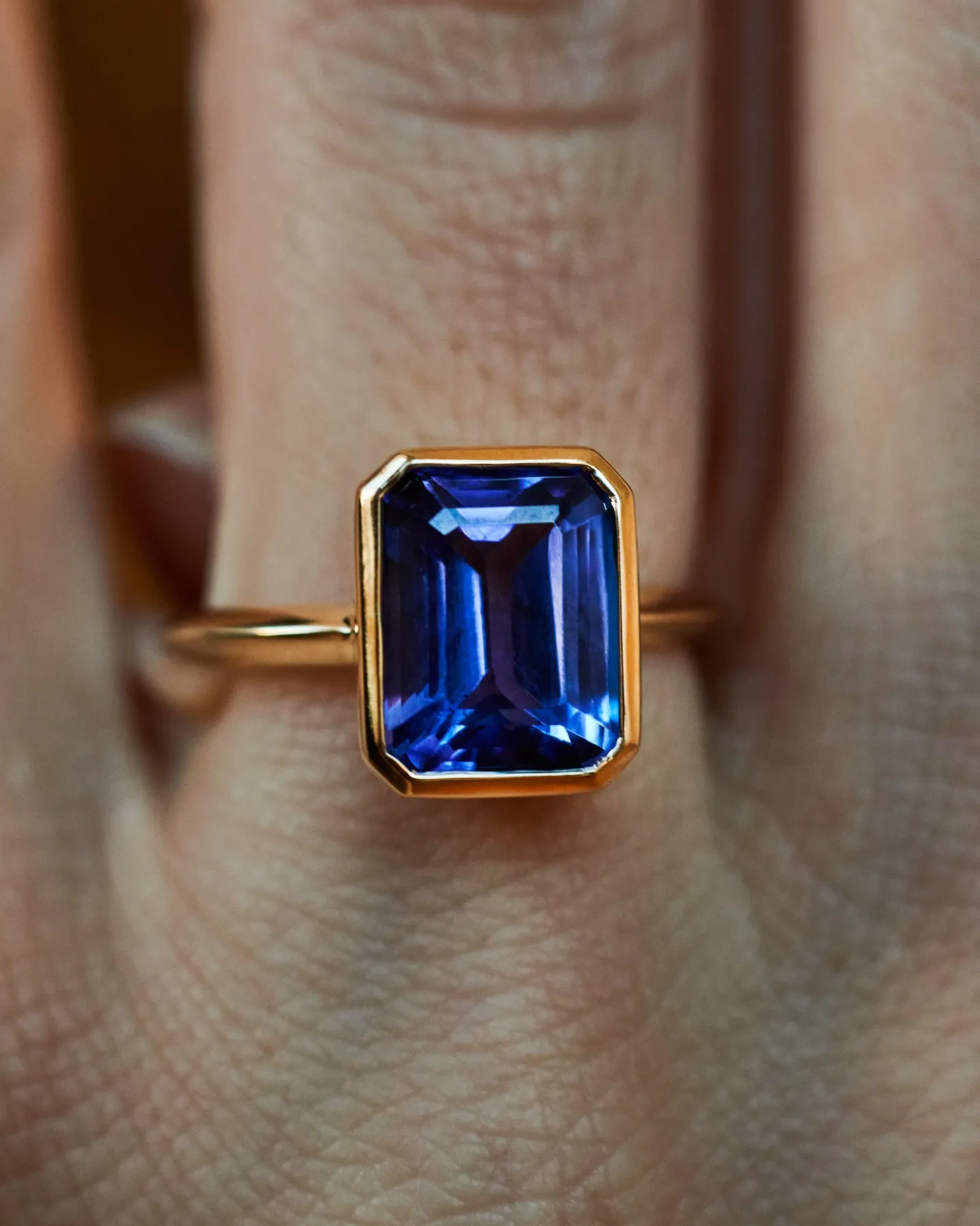 Large Tanzanite Emerald Cut Bezel Set Ring