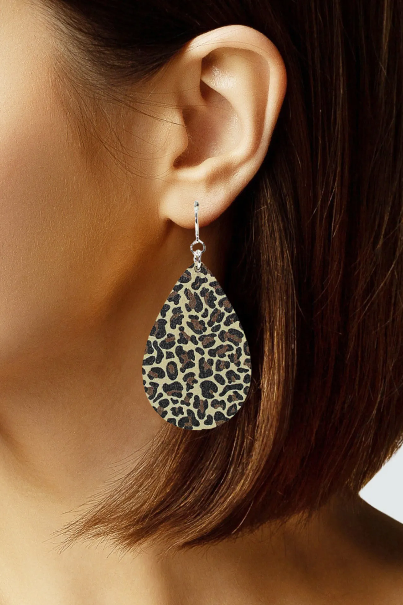 Leopard Print Teardrop Wood Dangle Earrings-Brown