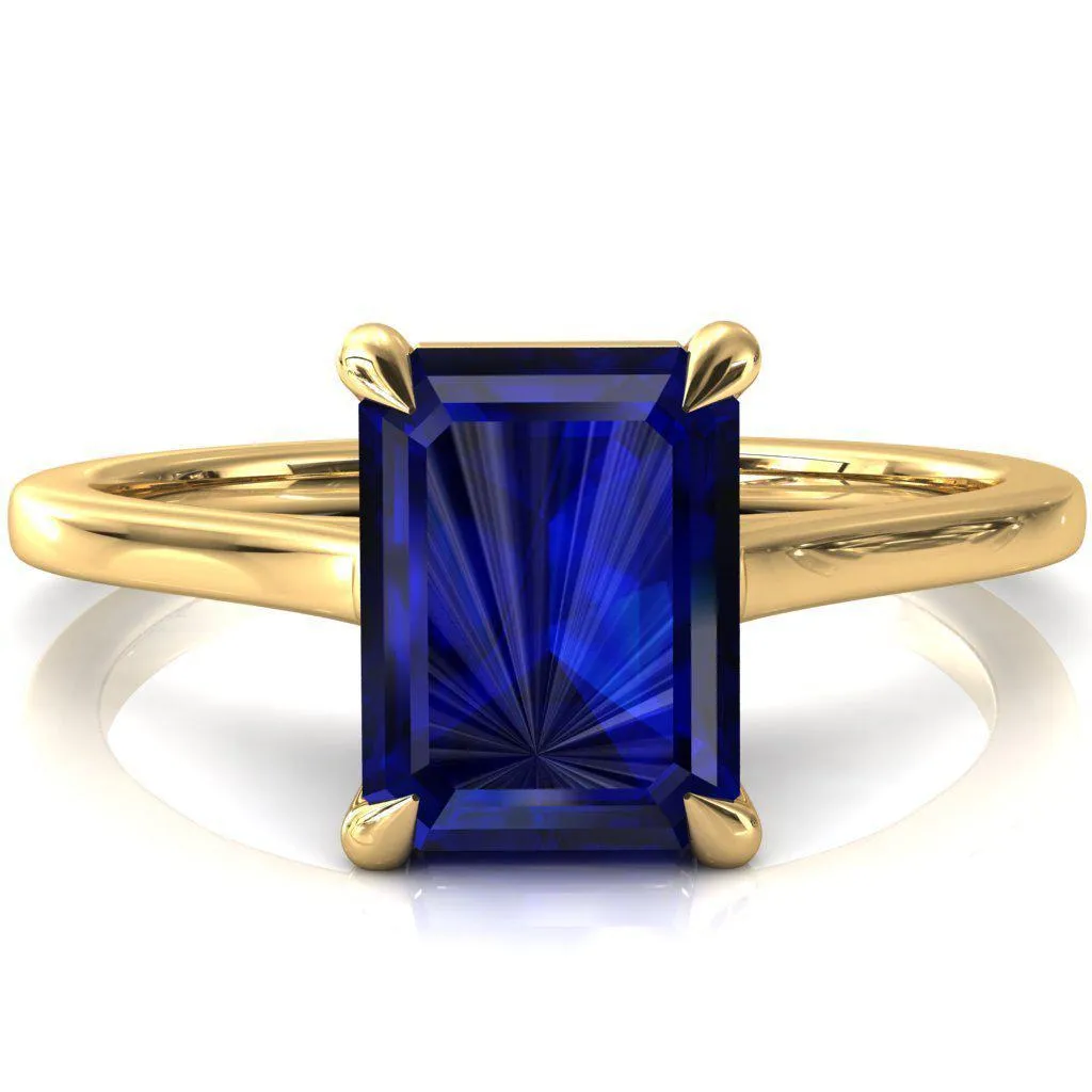 Lizzy Emerald Blue Sapphire 4 Claw Prong Cathedral Engagement Ring
